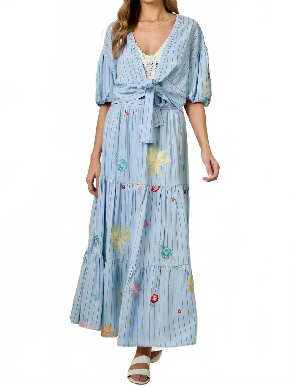 NEW MYSTREE embroidered pinstripe puff sleeve cardigan in blue